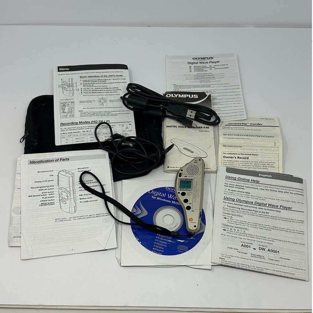 Olympus V-90 Digital Voice Recorder Silver Bundle with USB Cable Mic and Manuals